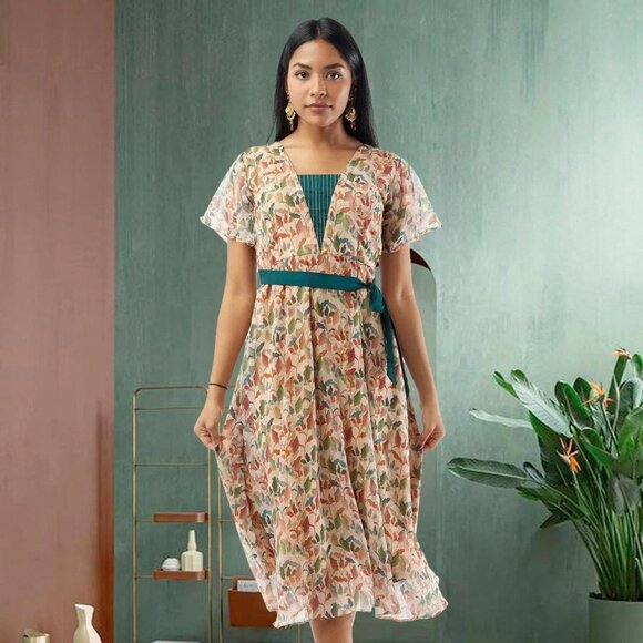 Cream Printed Chiffon Knee-Length Dress | Muvvas Boutique - Picture 4 of 5